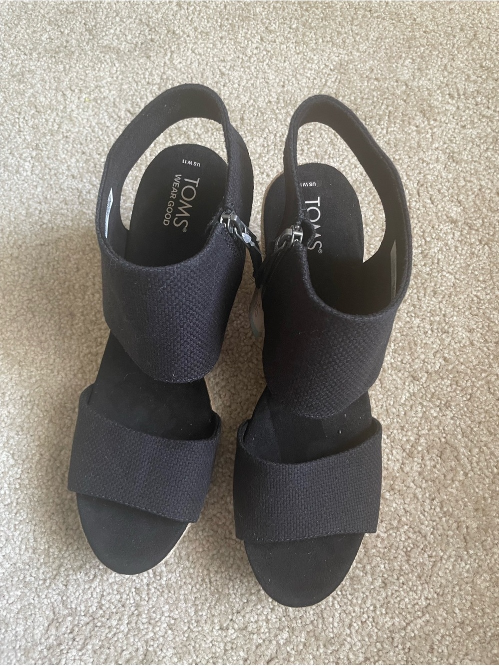 NWT Toms Majorca Platform Espadrille Sandals 11 Black Basket Weave Wedge